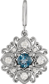 14K Gold Round Natural London Blue Topaz & Natural Diamond Vintage-Inspired Pendant – 29.2x17.2mm - White Gold