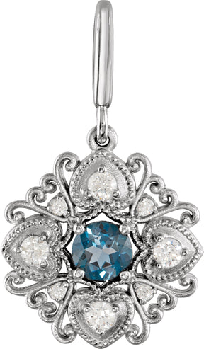 14K Gold Round Natural London Blue Topaz & Natural Diamond Vintage-Inspired Pendant – 29.2x17.2mm - White Gold