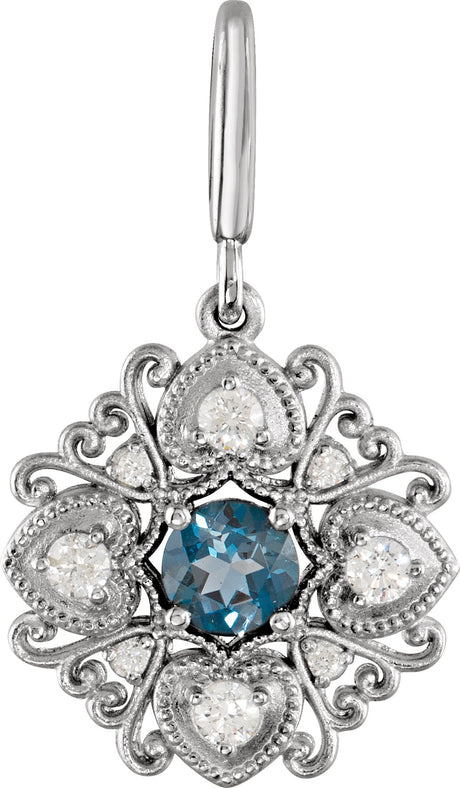 14K Gold Round Natural London Blue Topaz & Natural Diamond Vintage-Inspired Pendant – 29.2x17.2mm - White Gold