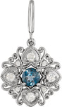 14K Gold Round Natural London Blue Topaz & Natural Diamond Vintage-Inspired Pendant – 29.2x17.2mm - White Gold