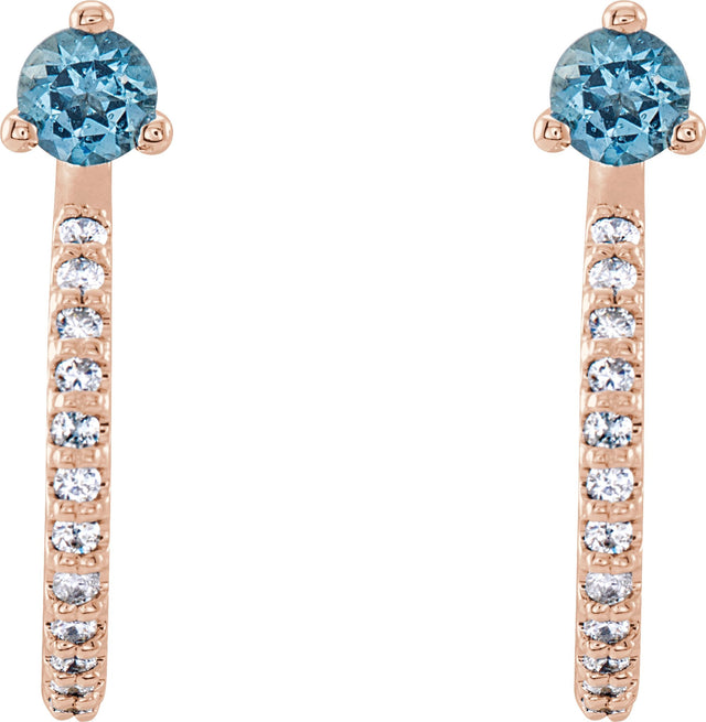 14K Gold Round Natural Aquamarine Accented J-Hoop Earrings - Rose Gold - view 5