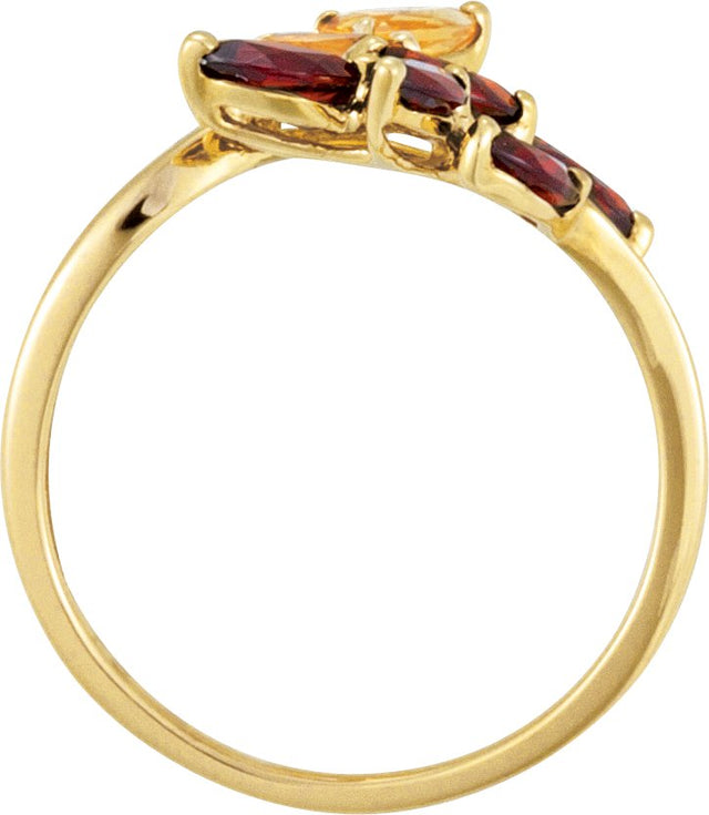 14K Gold Marquise Natural Citrine & Natural Mozambique Garnet Leaf Design Bypass Ring - view 2