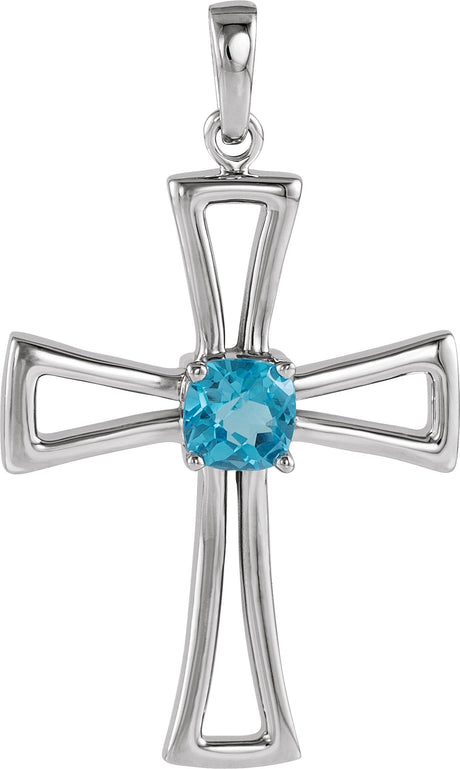 14K Gold Cushion Natural Swiss Blue Topaz Cross Pendant - White Gold