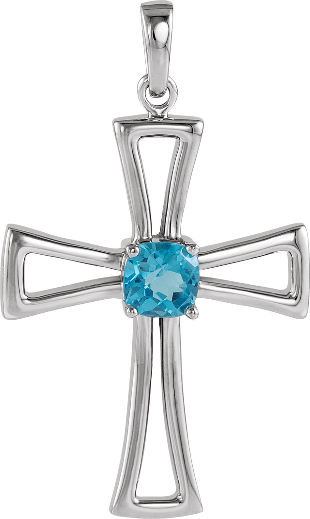 14K Gold Cushion Natural Swiss Blue Topaz Cross Pendant - White Gold