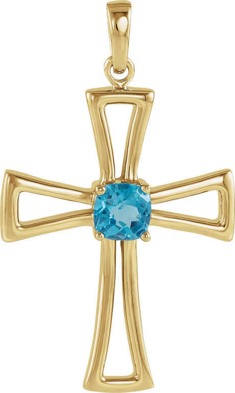 14K Gold Cushion Natural Swiss Blue Topaz Cross Pendant - Yellow Gold