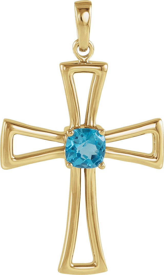 14K Gold Cushion Natural Swiss Blue Topaz Cross Pendant - Yellow Gold