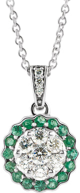 14K Gold Round Natural Emerald & Natural Diamond Halo-Style Cluster Necklace – 1/3 CTW