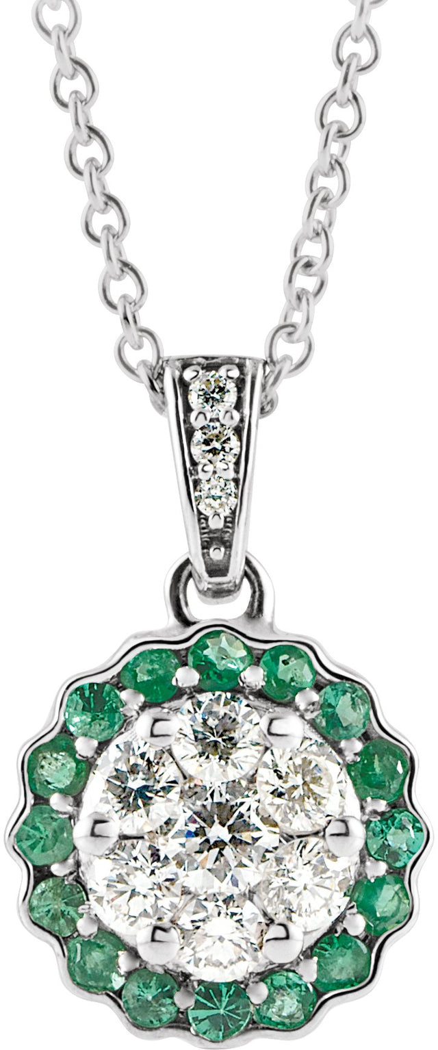 14K Gold Round Natural Emerald & Natural Diamond Halo-Style Cluster Necklace – 1/3 CTW