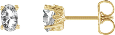 14K Gold Natural White Sapphire Oval 4-Prong Scroll Setting Stud Earrings - Yellow Gold