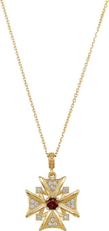 14K Gold Round Natural Mozambique Garnet & Natural Diamond Vintage-Inspired Cross Necklace – 1/6 CTW - Yellow Gold
