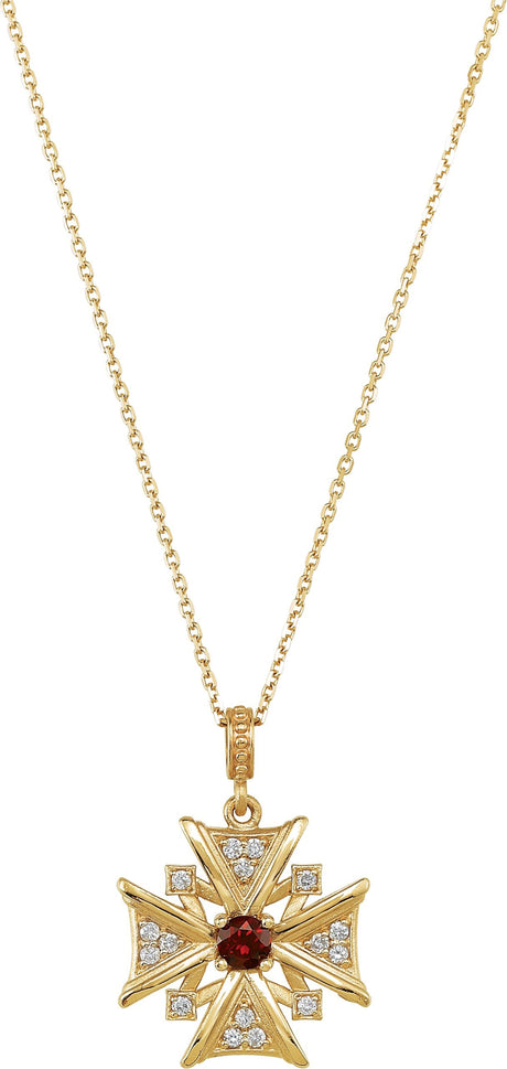 14K Gold Round Natural Mozambique Garnet & Natural Diamond Vintage-Inspired Cross Necklace – 1/6 CTW - Yellow Gold