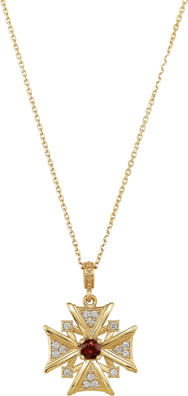 14K Gold Round Natural Mozambique Garnet & Natural Diamond Vintage-Inspired Cross Necklace – 1/6 CTW - Yellow Gold