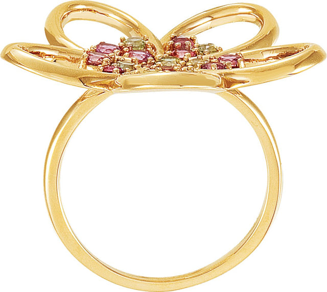 14K Gold Round Natural Pink Tourmaline Flower Ring - Yellow Gold - view 2