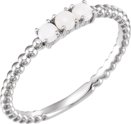14K Gold Round Natural White Opal Stackable Bead Ring - White Gold