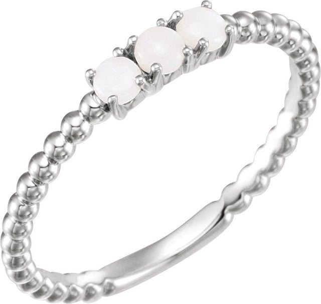 14K Gold Round Natural White Opal Stackable Bead Ring - White Gold