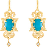 14K Gold Oval Natural Turquoise & Natural Diamond Granulated Earrings - White Gold - view 3