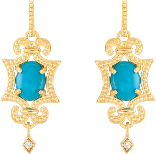14K Gold Oval Natural Turquoise & Natural Diamond Granulated Earrings - White Gold - view 3