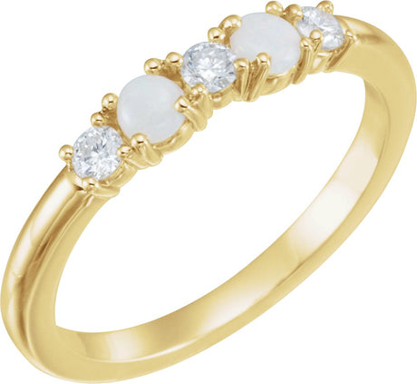 14K Gold Round Natural White Opal & Natural Diamond Stackable Ring - Yellow Gold