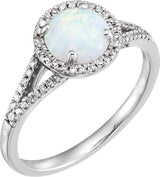 14K Gold Round Created Opal & Natural Diamond Halo-Style Birthstone Ring