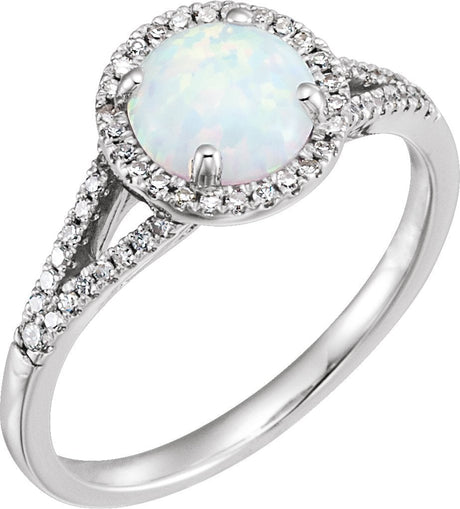 14K Gold Round Created Opal & Natural Diamond Halo-Style Birthstone Ring