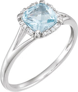 14K Gold Cushion Natural Sky Blue Topaz & Natural Diamond Halo-Style Birthstone Ring