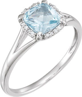 14K Gold Cushion Natural Sky Blue Topaz & Natural Diamond Halo-Style Birthstone Ring