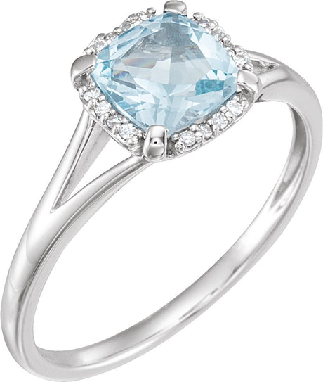 14K Gold Cushion Natural Sky Blue Topaz & Natural Diamond Halo-Style Birthstone Ring