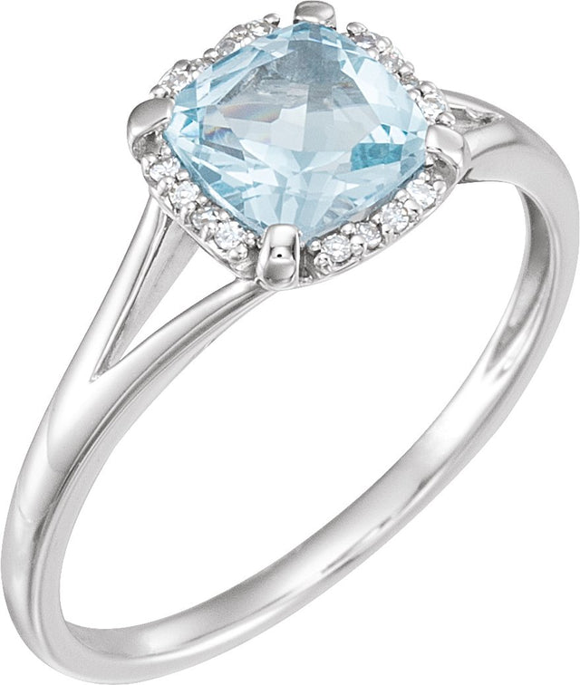 14K Gold Cushion Natural Sky Blue Topaz & Natural Diamond Halo-Style Birthstone Ring