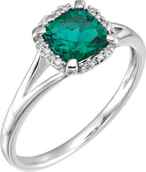 14K Gold Cushion Lab-Grown Emerald & Natural Diamond Halo-Style Birthstone Ring