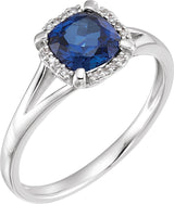 14K Gold Cushion Lab-Grown Blue Sapphire & Natural Diamond Halo-Style Birthstone Ring