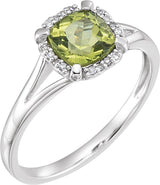 14K Gold Cushion Natural Peridot & Natural Diamond Halo-Style Birthstone Ring