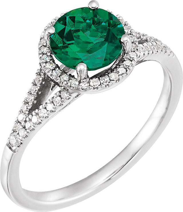 14K Gold Round Lab-Grown Emerald & Natural Diamond Halo-Style Birthstone Ring