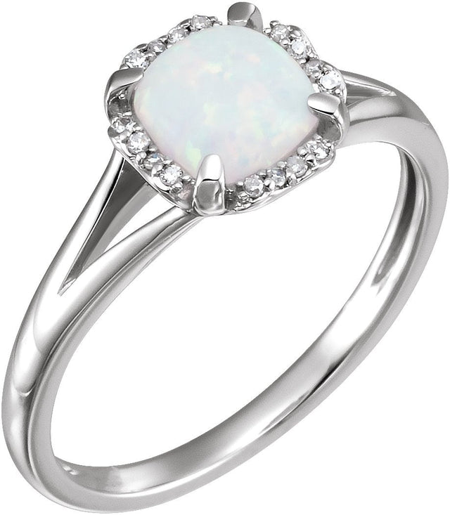 14K Gold Cushion Lab-Grown Opal & Natural Diamond Halo-Style Birthstone Ring