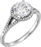 14K Gold Round Lab-Grown White Sapphire & Natural Diamond Halo-Style Birthstone Ring