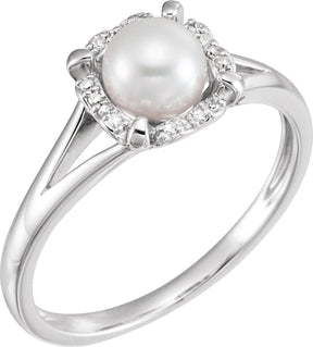 14K Gold Pearl Cultured White Freshwater Pearl & Natural Diamond Halo-Style Birthstone Ring – 5.5mm Stones