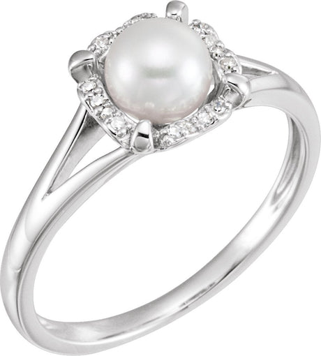 14K Gold Pearl Cultured White Freshwater Pearl & Natural Diamond Halo-Style Birthstone Ring – 5.5mm Stones