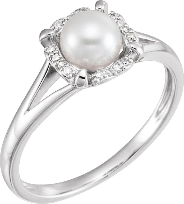 14K Gold Pearl Cultured White Freshwater Pearl & Natural Diamond Halo-Style Birthstone Ring – 5.5mm Stones