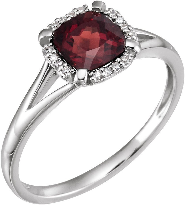 14K Gold Cushion Natural Mozambique Garnet & Natural Diamond Halo-Style Birthstone Ring – 6x6mm