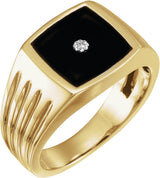 14K Gold Fancy Natural Black Onyx & Natural Diamond Accented Grooved Ring