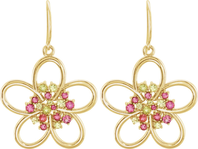 14K Gold Round Natural Peridot Flower Earrings - Yellow Gold - view 2