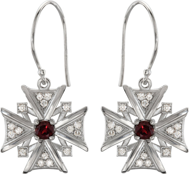 14K Gold Round Natural Mozambique Garnet & Natural Diamond Vintage-Inspired Cross Earrings - White Gold - view 2