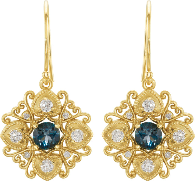 14K Gold Round Natural London Blue Topaz & Natural Diamond Vintage-Inspired Filigree Earrings II - Yellow Gold - view 2
