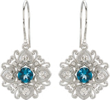 14K Gold Round Natural London Blue Topaz & Natural Diamond Vintage-Inspired Filigree Earrings II - White Gold - view 2