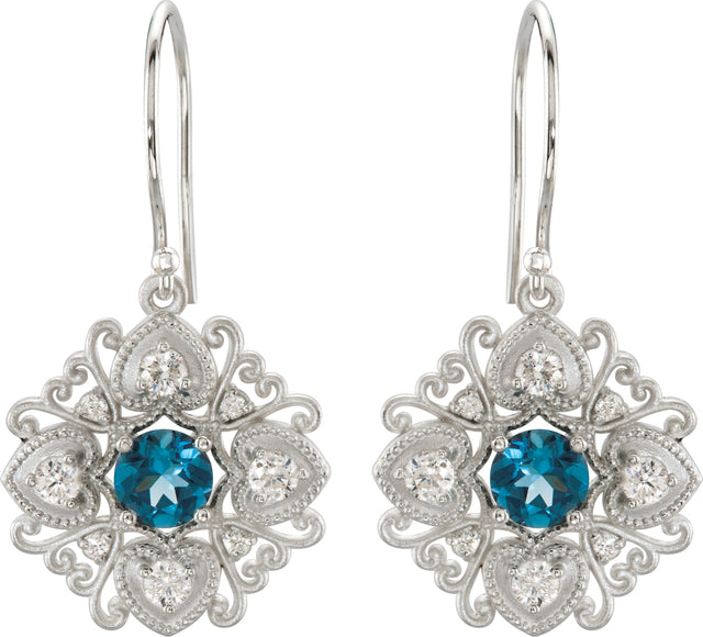14K Gold Round Natural London Blue Topaz & Natural Diamond Vintage-Inspired Filigree Earrings II - White Gold - view 2