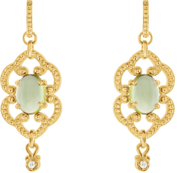 14K Gold Oval Natural Peridot & Natural Diamond Granulated Earrings - Yellow Gold - view 2