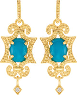 14K Gold Oval Natural Turquoise & Natural Diamond Granulated Earrings - Yellow Gold - view 2
