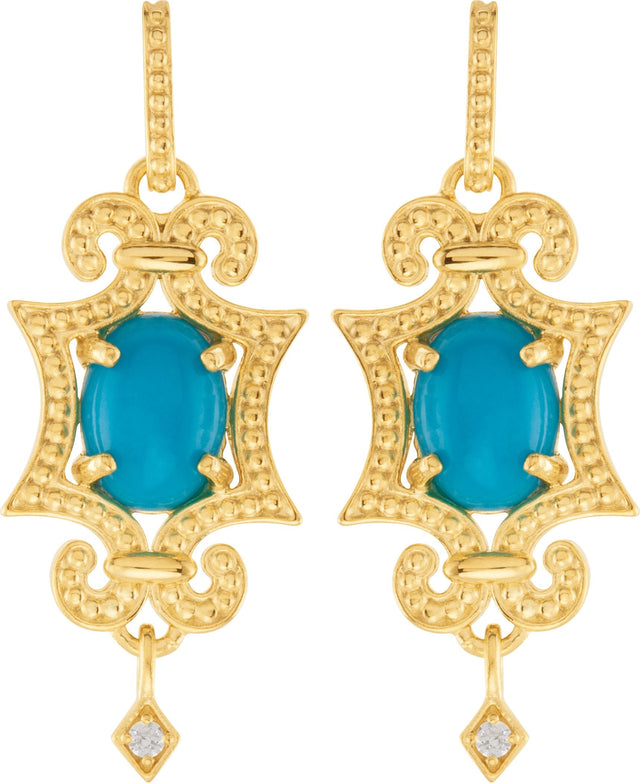 14K Gold Oval Natural Turquoise & Natural Diamond Granulated Earrings - Yellow Gold - view 2