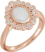 14K Gold Oval Natural White Opal & Natural Diamond Halo-Style Ring – 8x6mm - Rose Gold
