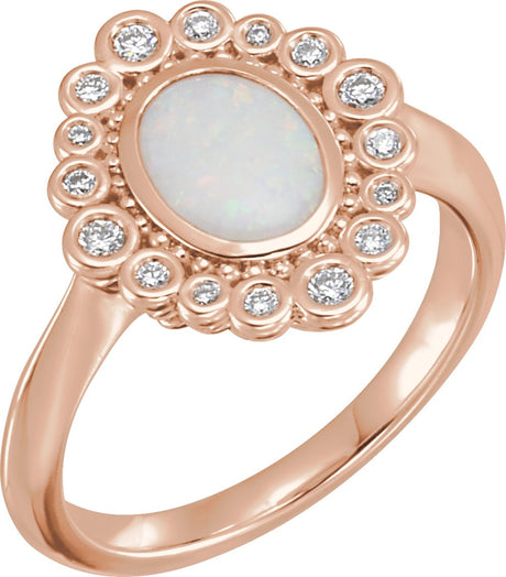 14K Gold Oval Natural White Opal & Natural Diamond Halo-Style Ring – 8x6mm - Rose Gold