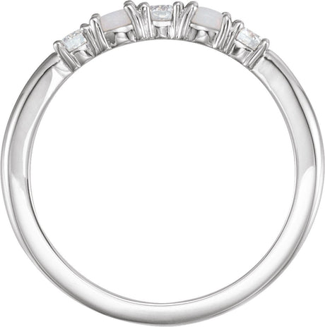 Platinum Round Natural White Opal & Natural Diamond Stackable Ring - view 2